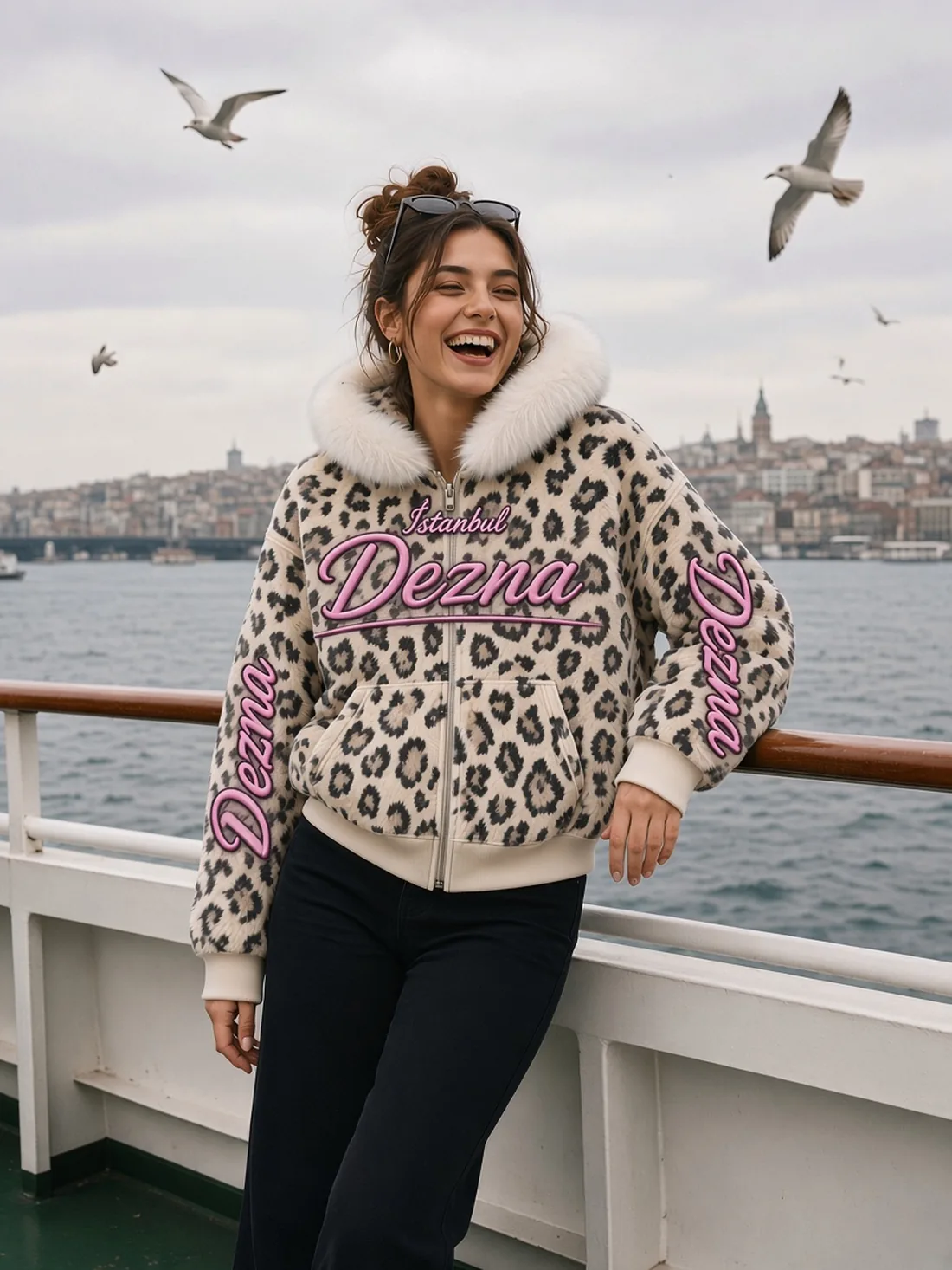 İstanbul vapurunda kar leoparı desenli Dezna hoodie (AI render)