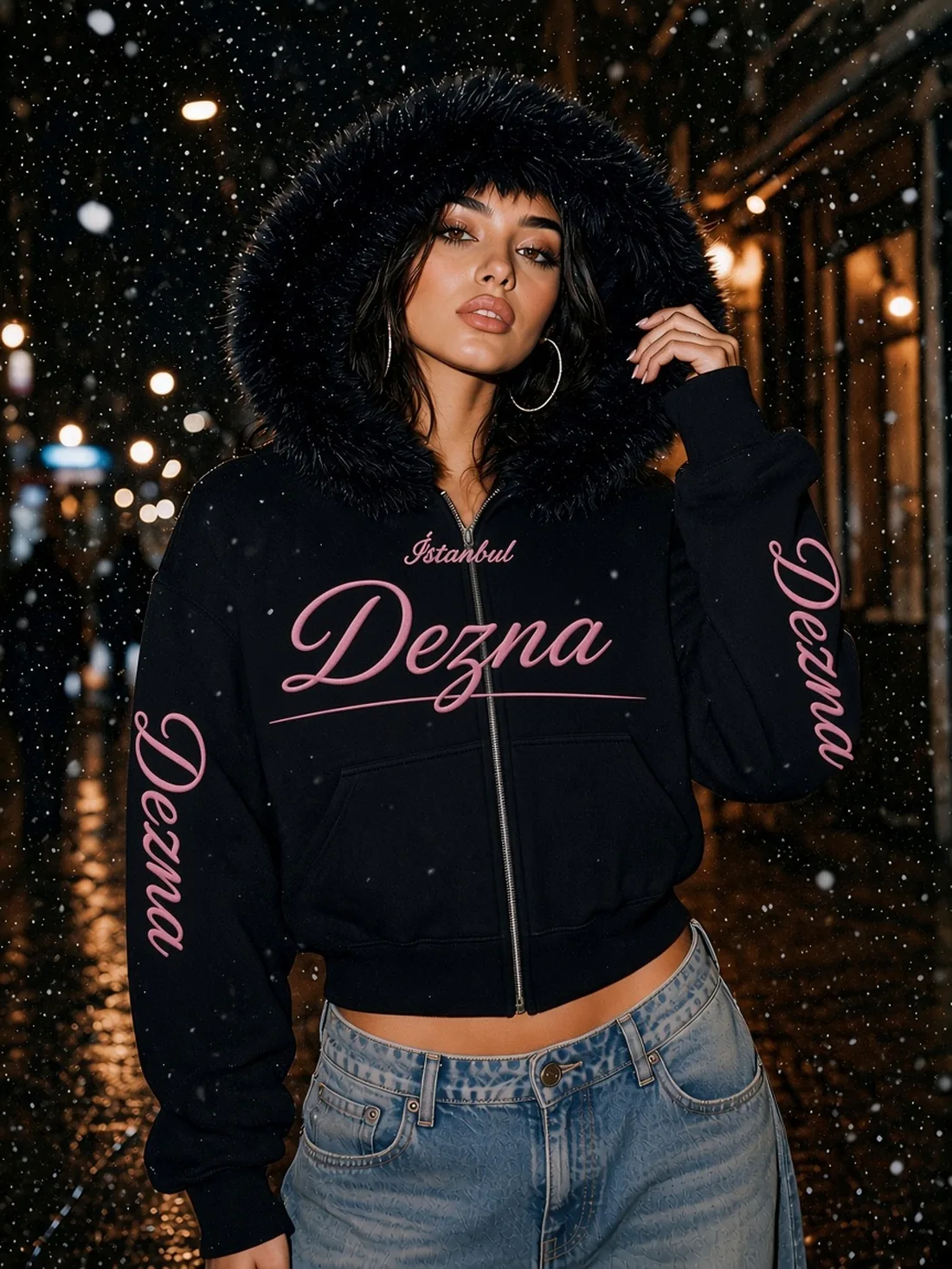 Karlı gecede siyah kürk kapüşonlu Dezna hoodie giyen model (AI render)
