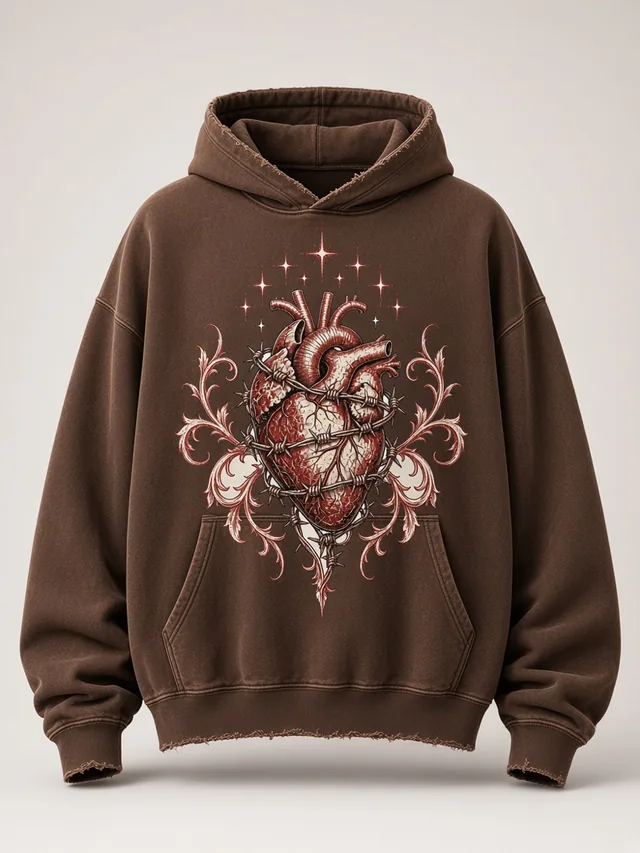 Dikenli Kalp Yıkamalı Oversize Hoodie