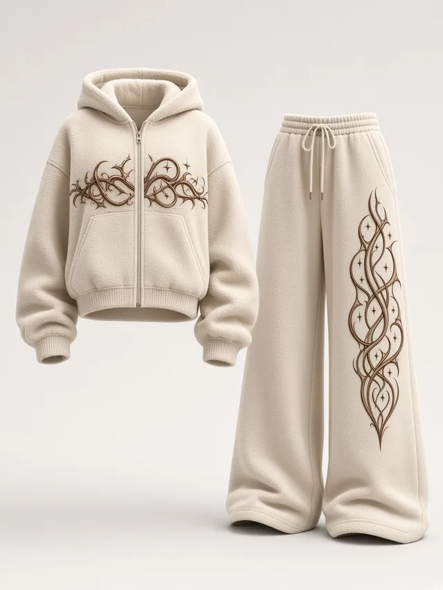Tuğra Script Kabartma Takım (Zip Hoodie + Bol Paça Eşofman)